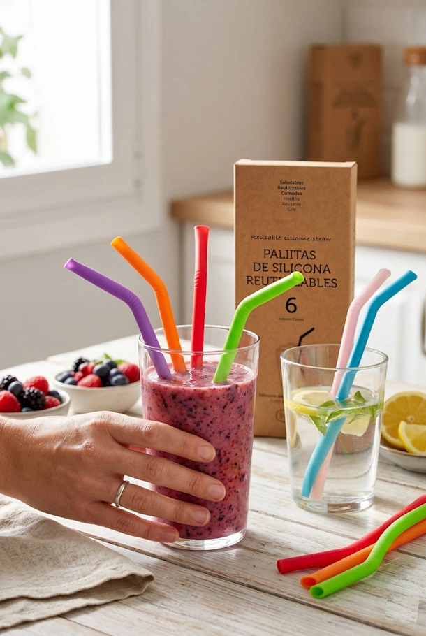 Pajitas Reutilizables de Silicona Irisana - Pack 6 Unidades + Cepillo