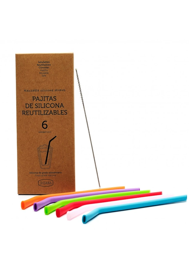 Pajitas Reutilizables de Silicona Irisana - Pack 6 Unidades + Cepillo