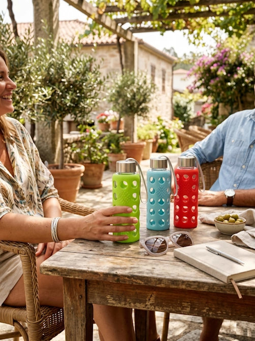 Botella BBO Irisana de Vidrio Borosilicato con Funda de Silicona - 300 ml
